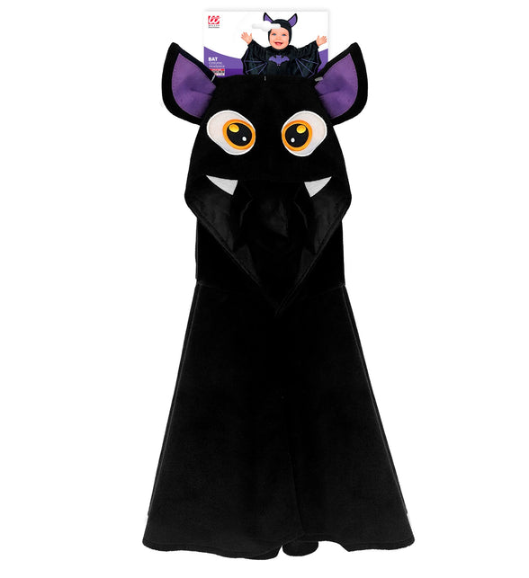 Vleermuis poncho met muts in de verpakking, zwarte kinderponcho van pluche met paarse oorbinnenkanten