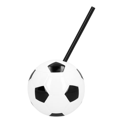 Voetbal drinkbeker met rietje 45 cl in zwart-wit met deksel en zwart rietje voor een voetbalfeest