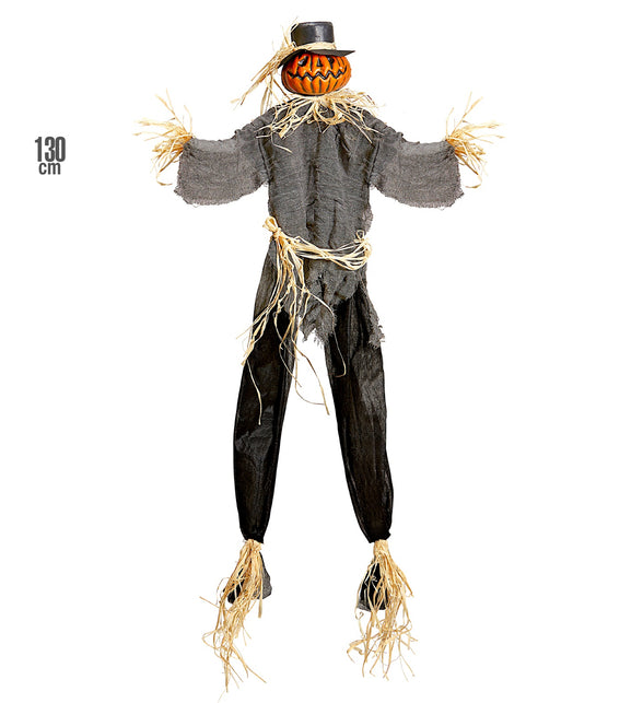 Vogelverschrikker decoratie 130cm hoog, hangende halloweenpop in zwart en grijs met stroslierten