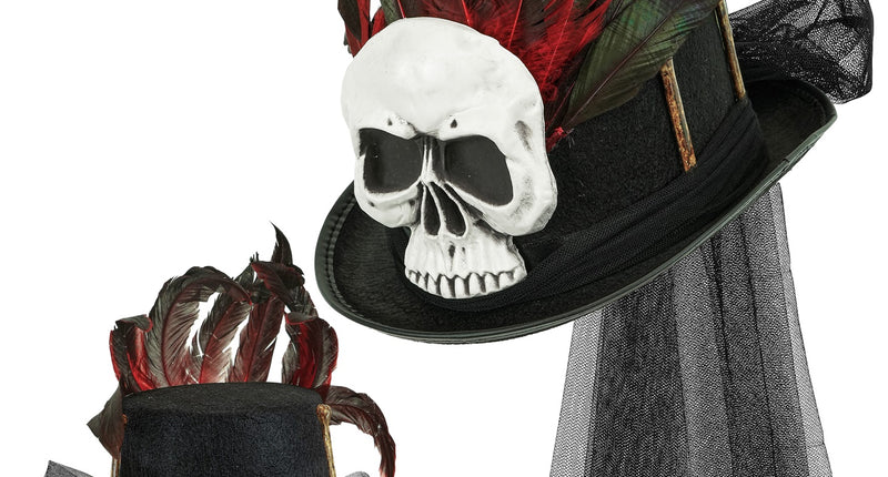 Voodoo hoge hoed Tess in zwart met witte schedel, rood-groene veren en zwarte tulen strik