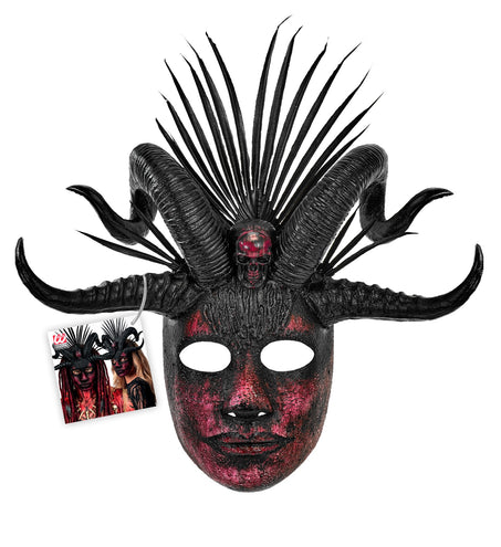 Voodoo masker priester met schedeltje op het voorhoofd en verpakkingslabel
