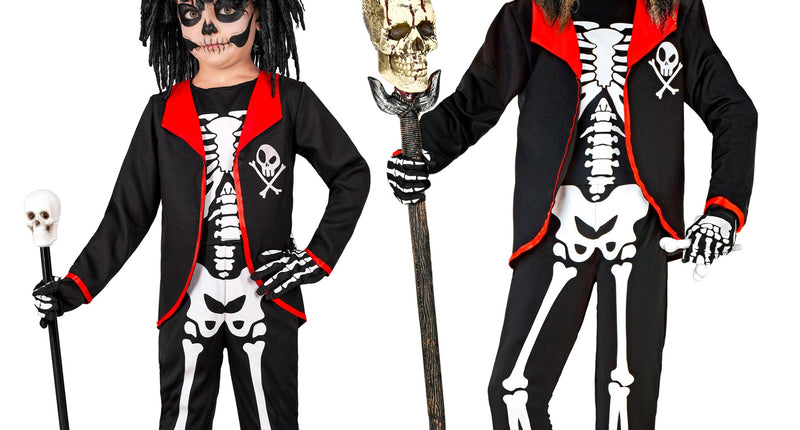 Voodoo Priester kostuum kinderen in zwart-wit met rode biezen, twee maten naast elkaar voor Halloween