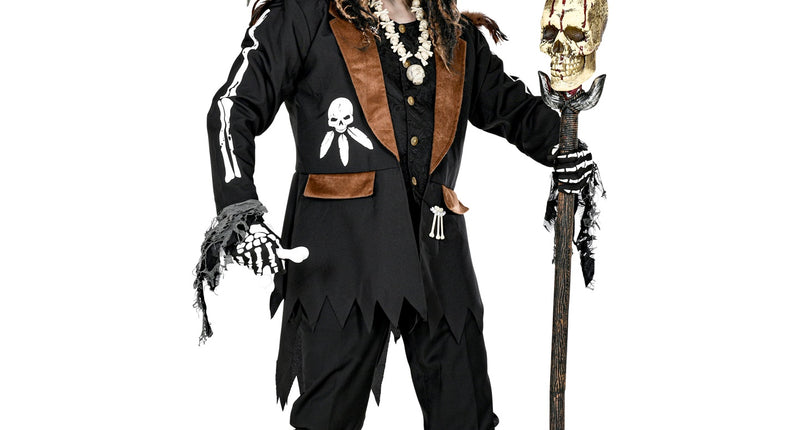 Voodoo priester pak heren in zwart met bruine kraag, botprint en hoge hoed voor Halloween