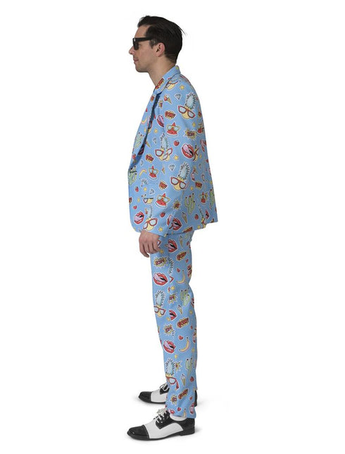 Vrijgezellen feest pak Christian van de zijkant, print loopt door over jas en broek