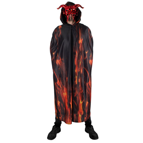 Vurige demonen cape met kap over een rood gehoornd demonenmasker, complete horrorlook