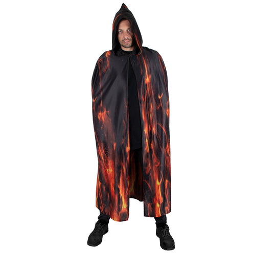 Vurige demonen cape volwassenen, lange zwarte cape met vlammenprint en puntige kap voor Halloween