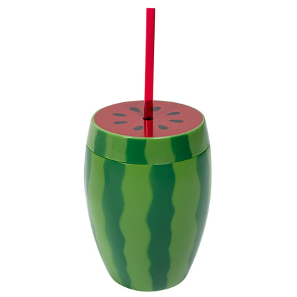 Watermeloen drinkbeker groen met gestreepte schil, rood deksel met pitjes en rood rietje, 90 cl