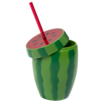 Watermeloen drinkbeker met los schroefdeksel en rood rietje, voor een tropisch zomerfeest