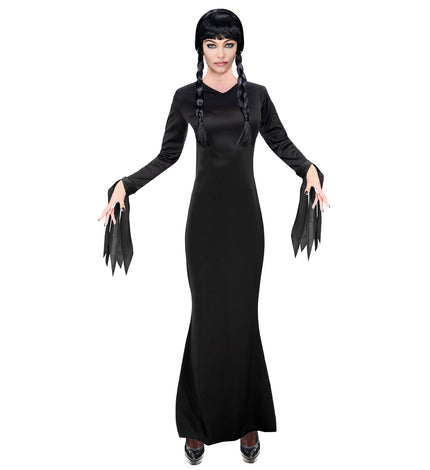 Wednesday donker meisje jurk dames, lange zwarte jurk met V-hals en gerafelde mouwpunten voor Halloween