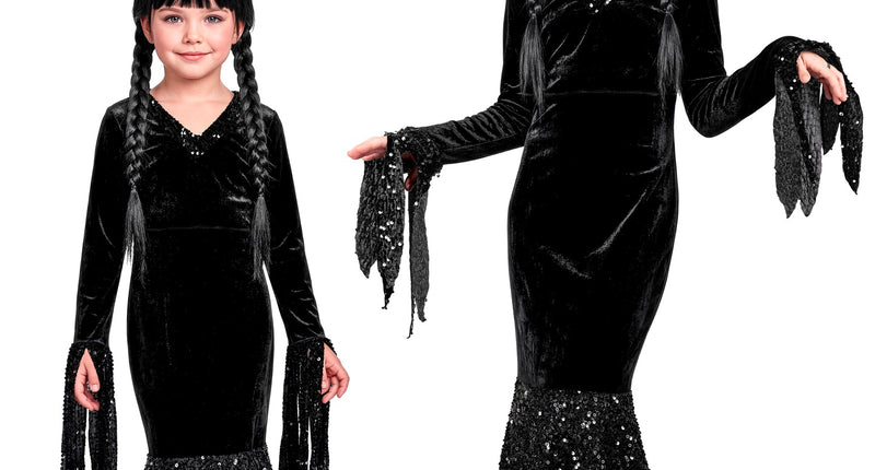 Wednesday donker meisje jurk in twee kindermaten, zwart met paillettenrok, voor Halloween
