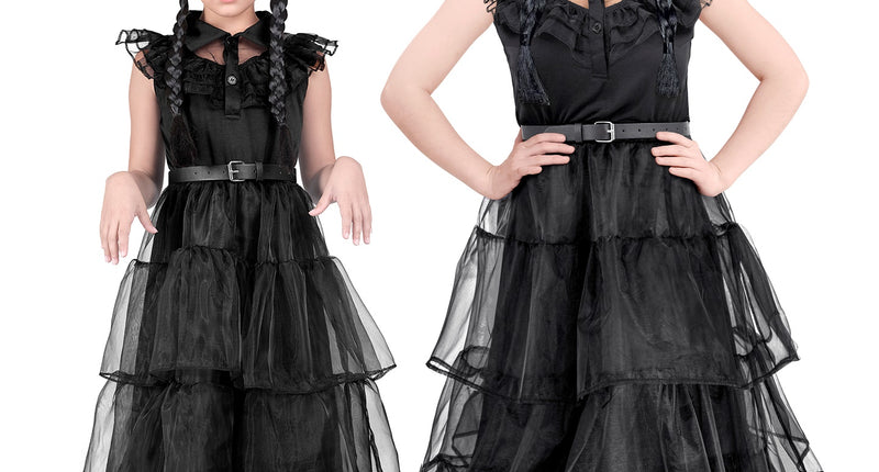Wednesday jurk in dames- en kindermaat, zwart met gelaagde organzarok en riem, voor Halloween