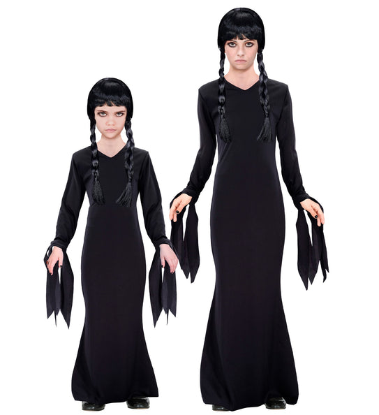 Wednesday jurk kinderen in zwart, naast elkaar in kindermaat en tienermaat, voor Halloween