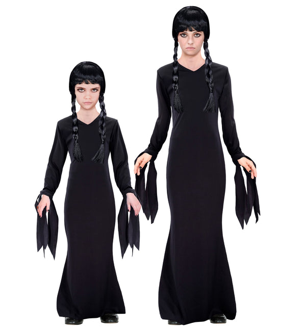 Wednesday jurk kinderen in zwart, naast elkaar in kindermaat en tienermaat, voor Halloween