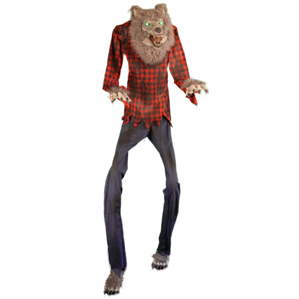 Weerwolf decoratie 200 cm met groen oplichtende ogen, rood geruit hemd en harige klauwen voor Halloween