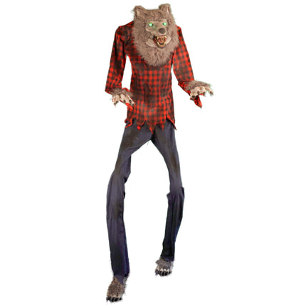 Weerwolf decoratie 200 cm met groen oplichtende ogen, rood geruit hemd en harige klauwen voor Halloween