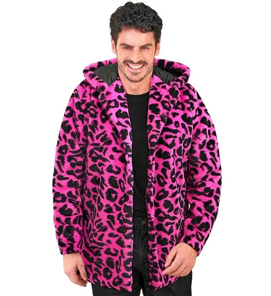 Widmann SRL Bontjas met muts pluche luipaard neon roze Roos