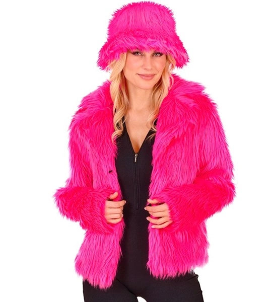 Widmann SRL Bontjas pluche dames neon roze kostuum Noah