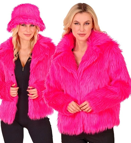 Widmann SRL Bontjas pluche dames neon roze kostuum Noah