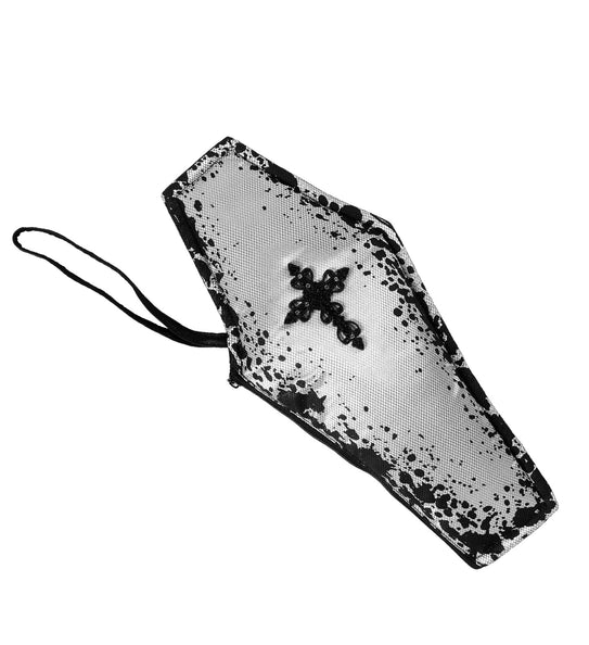 Doodskist mini tasje in zwart-wit met zwart sierkruisje en zwarte draaglus voor Halloween