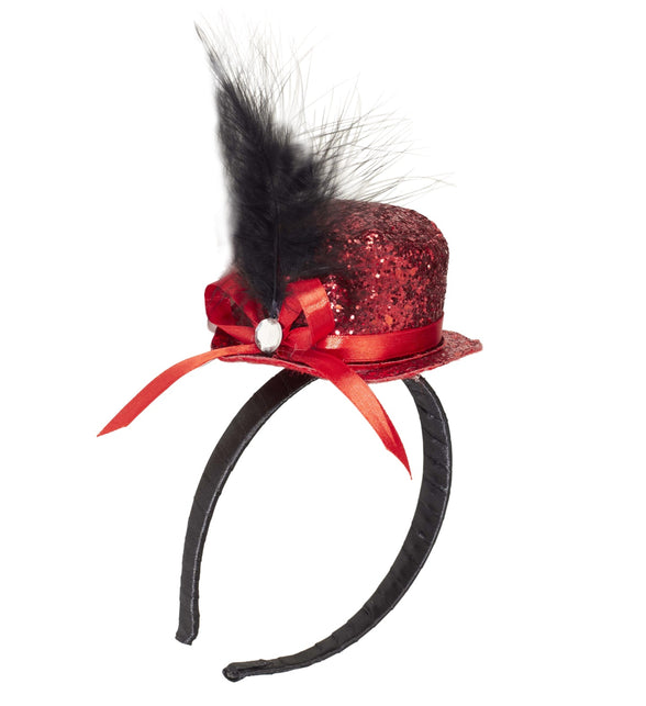 Widmann SRL Haarband glitter hoedje met veer rood
