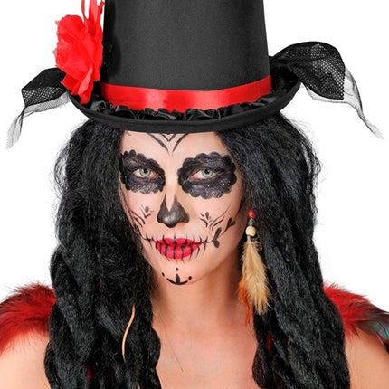 Widmann SRL Hoge hoed zwart met tule en rode roo Stijn