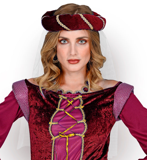 Widmann SRL Hoofdbedekking met sluier middeleeuwse koningin rood/bordeaux rood