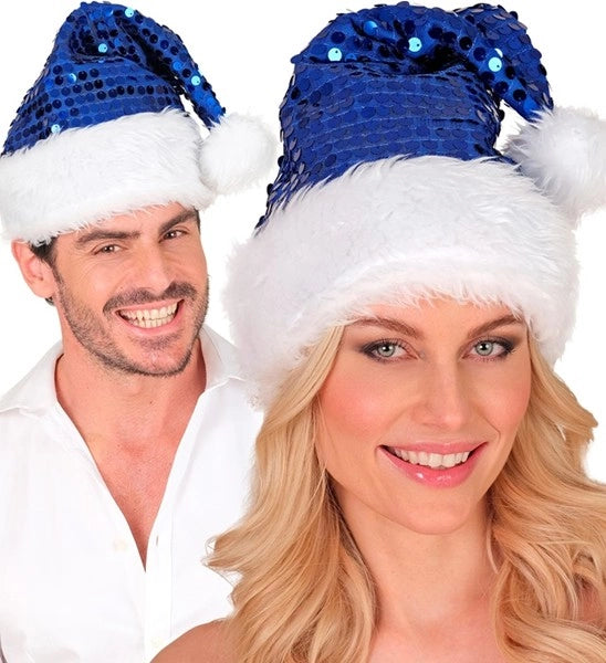 Widmann SRL Kerstman muts pluche en pailletten blauw Lotte