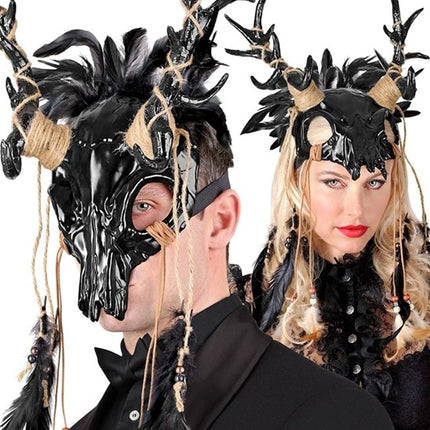 Widmann SRL Masker sjamaan schedel stier met zwarte veren Sem