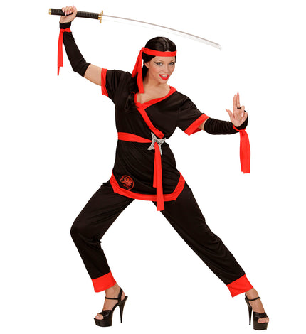 Widmann SRL Ninja pak dames zwart met broek, jas, riem, armwarmers en hoofdband