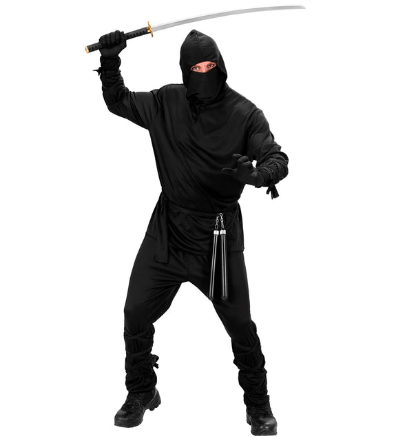 Widmann SRL Ninja pak heren zwart met kapmantel, broek, riem, masker, arm en been banden