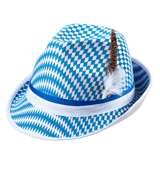 Oktoberfest gleufhoed met blauw-wit ruitpatroon, witte band en bruine veer aan de zijkant