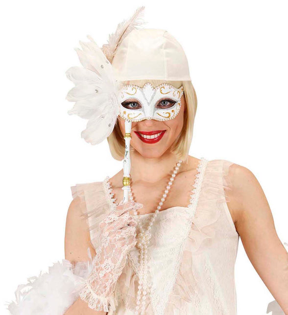 Widmann SRL Oogmasker op stokje wit met veren