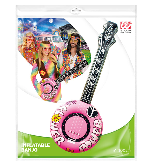 Widmann SRL Opblaasbare banjo Hippie Flower power roze