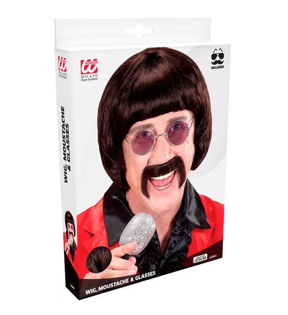 Widmann SRL pruik popster 60s bruin met snor en bril
