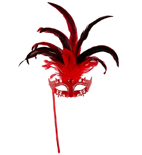 Widmann SRL Rode oogmasker met veren op stokje