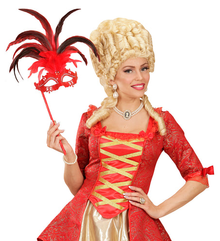 Widmann SRL Rode oogmasker met veren op stokje