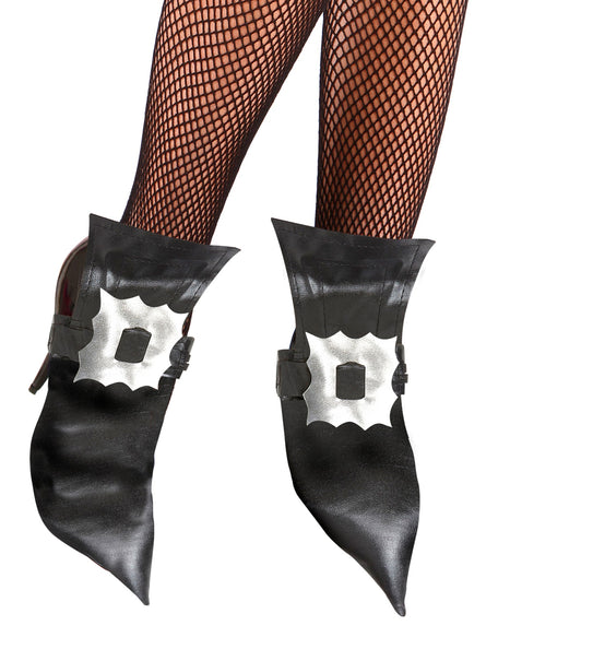 Schoenbedekking heks met gesp in zwart, spitse punt en zilveren siergesp, voor Halloween