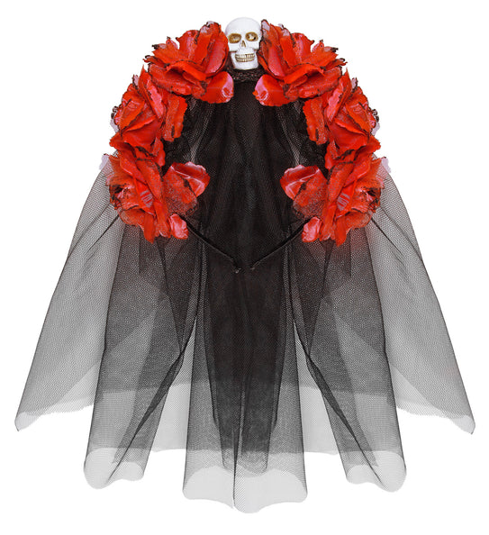 Sluier met rode rozen, zwarte tule met rozenkrans en wit schedeltje, voor Halloween