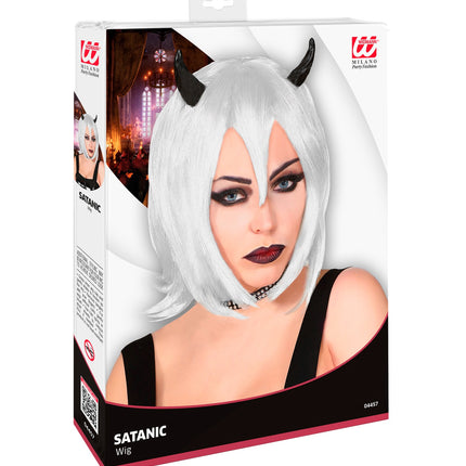 Widmann SRL Witte halloween pruik met hoorntjes