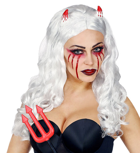 Widmann SRL Witte lange pruik met bebloede hoorntjes