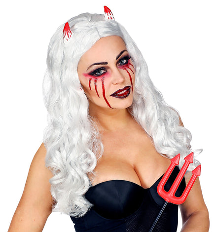 Widmann SRL Witte lange pruik met bebloede hoorntjes