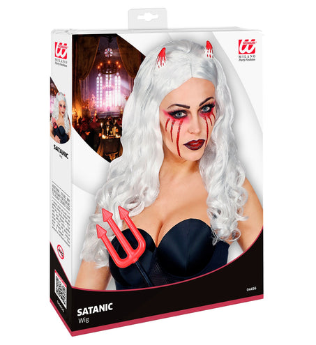 Widmann SRL Witte lange pruik met bebloede hoorntjes