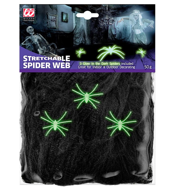 Widmann SRL Zwart spinnenweb met drie glow in the dark spinnen