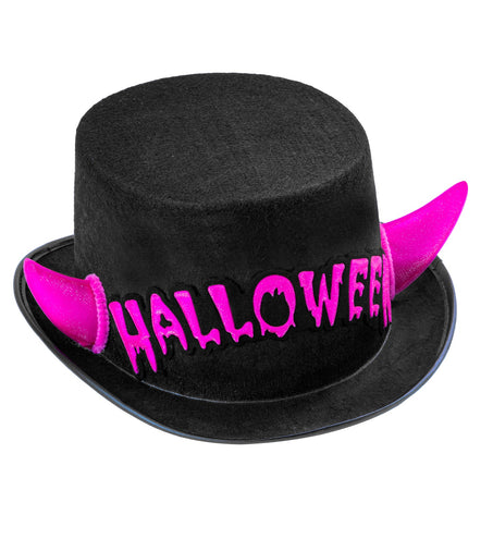 Widmann SRL Zwarte hoge hoed Halloween met roze duivel hoorntjes