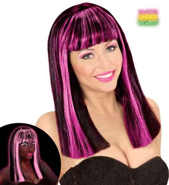 Widmann SRL Zwarte pruik met neon roze strepen