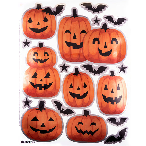 Windowstickers pompoen: vel met oranje pompoenkoppen, zwarte vleermuizen en sterren voor Halloween