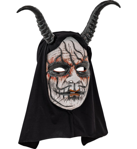Wit duivelmasker met zwarte reliëflijnen en gebogen hoorns, kap met punt in de nek