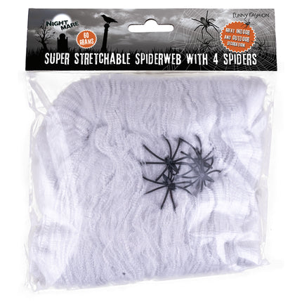 Wit rekbaar spinnenweb met zwarte spinnen met lange poten, decoratie voor binnen en buiten