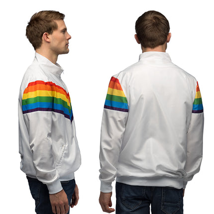 Wit trainingsjack met regenboogstrepen op schouders en mouwen, zij- en achteraanzicht heren