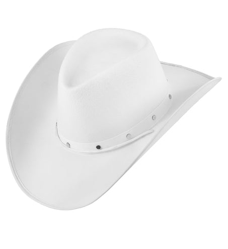 Witte cowboyhoed met studs, vilten look en opgebogen brede rand, vooraanzicht